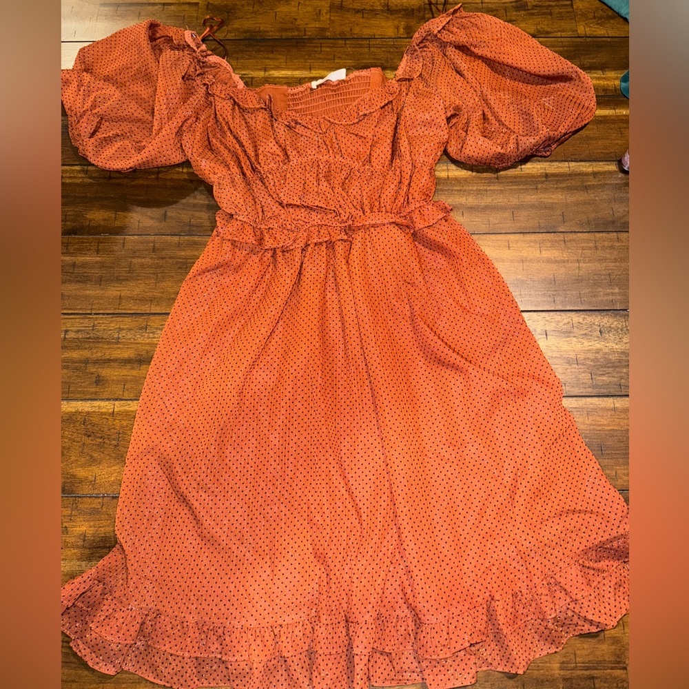 By The River rust ruffled polka dot mini dress NWT size small